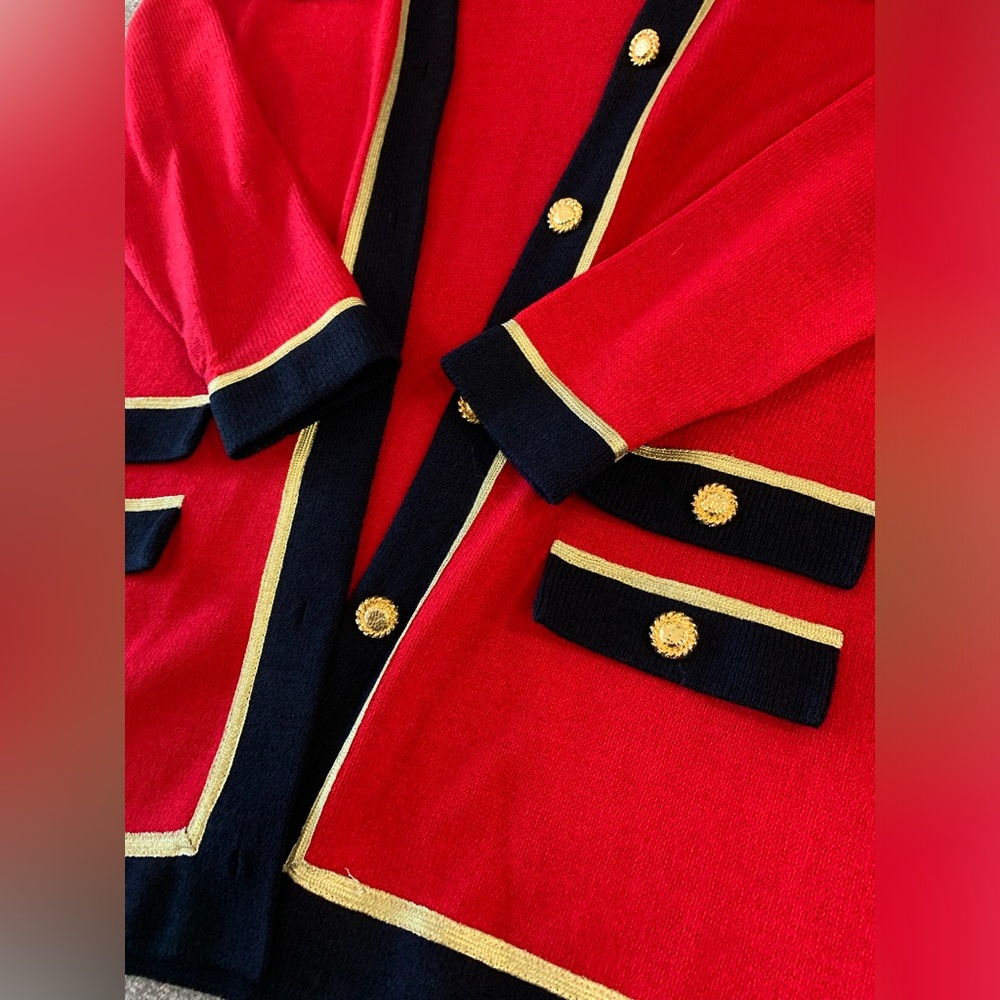 Vintage Knit Red & Black‎ Military Cardigan Jacket Label Missing Holiday READ